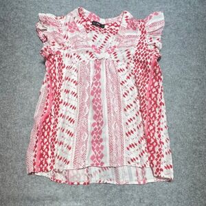 F&F Red Pink Geometric Ruffle Sleeve Babydoll Top V-Neck Cottagecore US 10